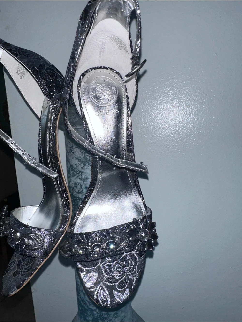 GUESS Metallic Silver Floral Crystal Slingback Heels